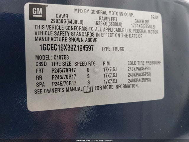 2009 Chevrolet Silverado 1500 Work Truck მანქანა იყიდება აუქციონზე, vin: 1GCEC19X39Z194597, აუქციონის ნომერი: 44581045
