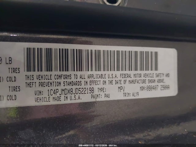 44581112 :رقم المزاد ، 1C4PJMDX8JD522198 vin ، 2018 Jeep Cherokee Limited 4x4 مزاد بيع