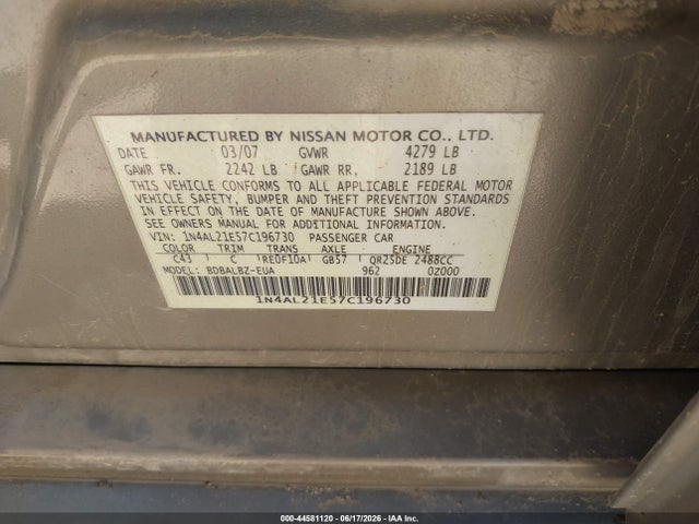 2007 Nissan Altima 2.5 S მანქანა იყიდება აუქციონზე, vin: 1N4AL21E57C196730, აუქციონის ნომერი: 44581120