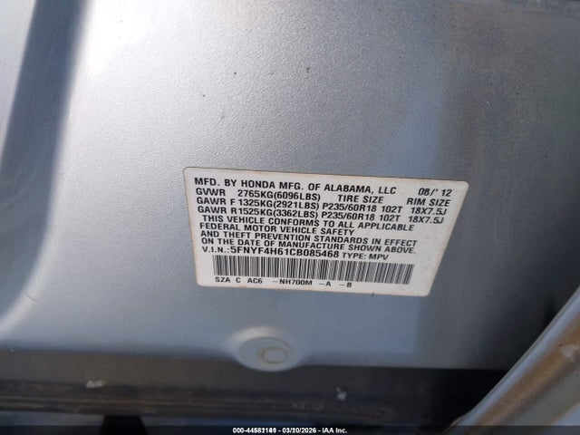 2012 Honda Pilot Ex-l მანქანა იყიდება აუქციონზე, vin: 5FNYF4H61CB085468, აუქციონის ნომერი: 44581141