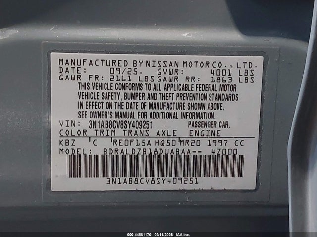 Aukcja sprzedaży 2025 Nissan Sentra Sv, vin: 3N1AB8CV8SY409251, numer aukcji: 44581170