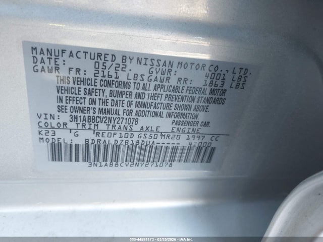 Aukcja sprzedaży 2022 Nissan Sentra Sv Xtronic Cvt, vin: 3N1AB8CV2NY271078, numer aukcji: 44581173