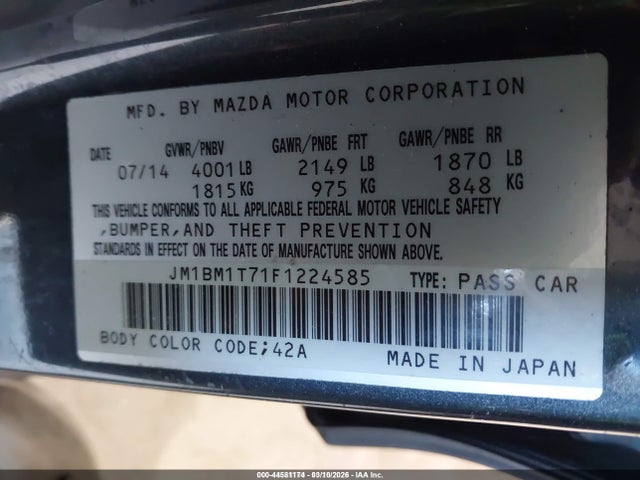 Aukcja sprzedaży 2015 Mazda Mazda3 I Sv, vin: JM1BM1T71F1224585, numer aukcji: 44581174
