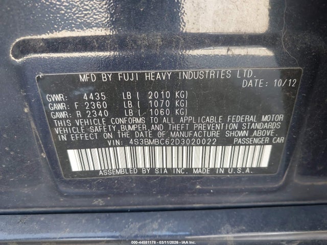 44581178 :رقم المزاد ، 4S3BMBC62D3020022 vin ، 2013 Subaru Legacy 2.5i Premium مزاد بيع
