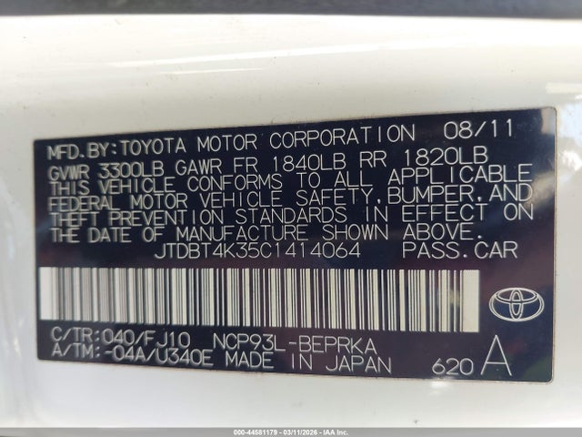 2012 Toyota Yaris მანქანა იყიდება აუქციონზე, vin: JTDBT4K35C1414064, აუქციონის ნომერი: 44581179