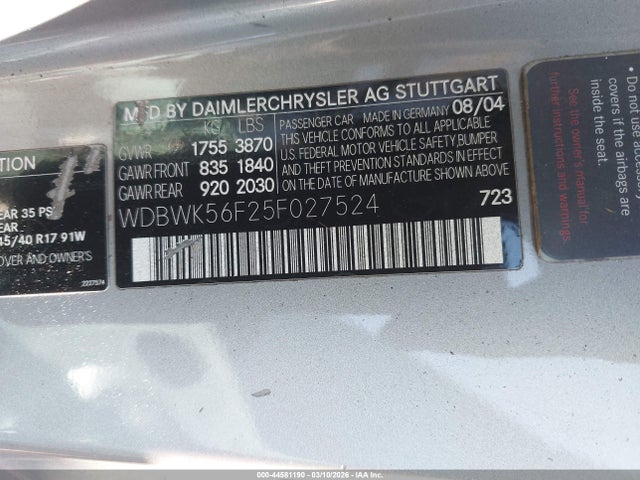 44581190 :رقم المزاد ، WDBWK56F25F027524 vin ، 2005 Mercedes-benz Slk 350 مزاد بيع