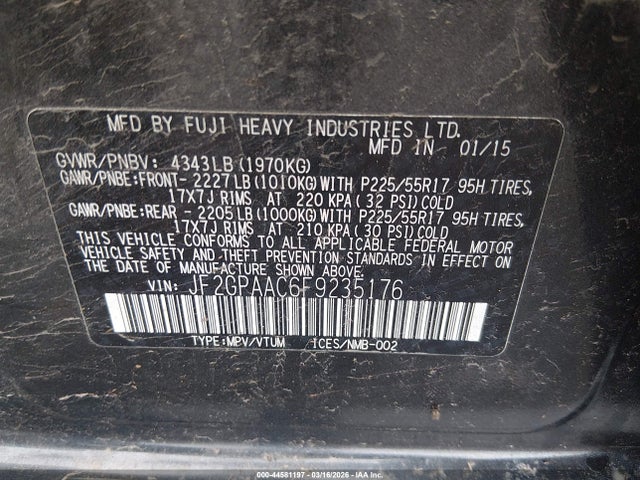 44581197 :رقم المزاد ، JF2GPAAC6F9235176 vin ، 2015 Subaru Xv Crosstrek 2.0i مزاد بيع