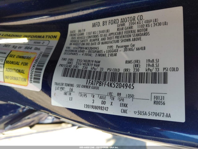 2019 FORD MUSTANG 1FATP8FF4K5204945 Photo 8