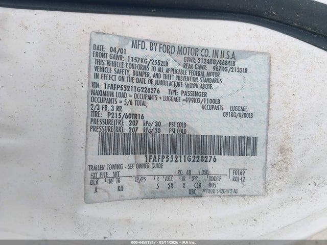 44581247 :رقم المزاد ، 1FAFP55211G228276 vin ، 2001 Ford Taurus Ses مزاد بيع