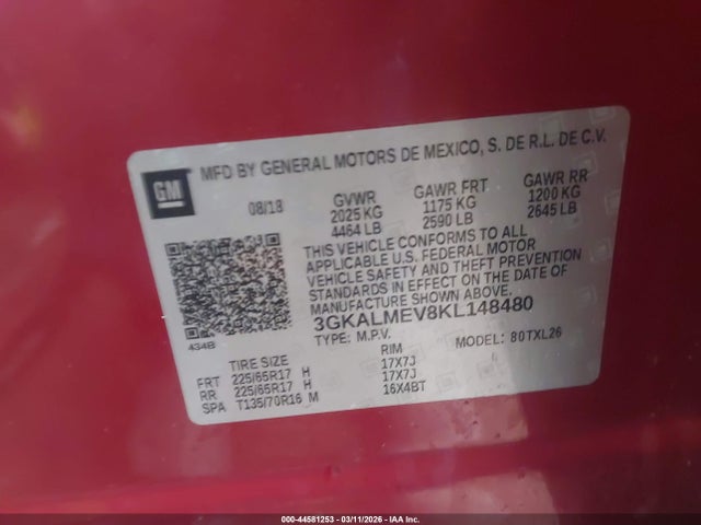 Auction sale of the 2019 Gmc Terrain Sle, vin: 3GKALMEV8KL148480, lot number: 44581253