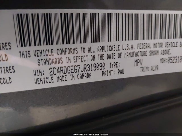Aukcja sprzedaży 2018 Dodge Grand Caravan Gt, vin: 2C4RDGEG7JR319090, numer aukcji: 44581260
