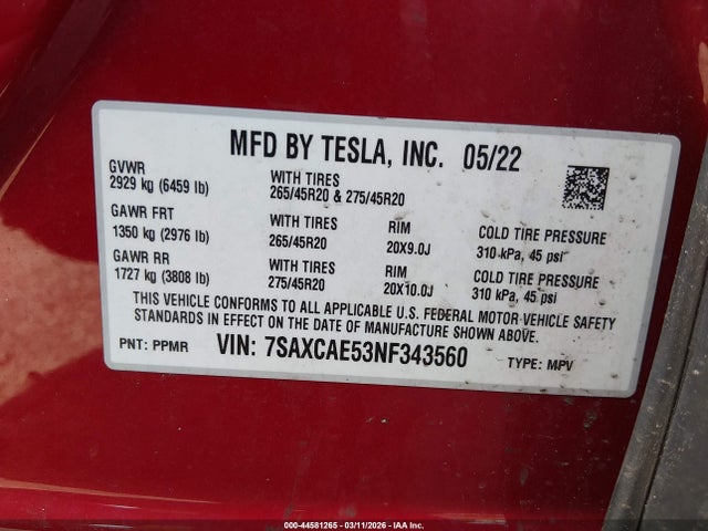 Aukcja sprzedaży 2022 Tesla Model X Dual Motor All-wheel Drive, vin: 7SAXCAE53NF343560, numer aukcji: 44581265