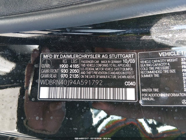 Aukcja sprzedaży 2004 Mercedes-benz C 230 Kompressor Sport, vin: WDBRN40J94A591792, numer aukcji: 44581317