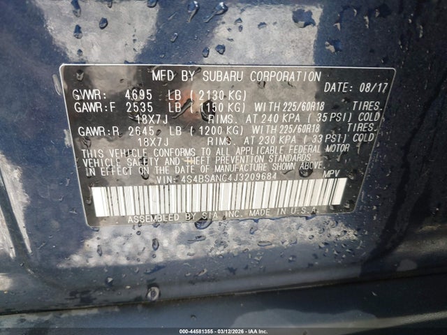 44581355 :رقم المزاد ، 4S4BSANC4J3209684 vin ، 2018 Subaru Outback 2.5i Limited مزاد بيع