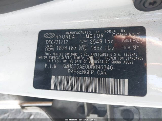 44581356 :رقم المزاد ، KMHCT5AE0DU096346 vin ، 2013 Hyundai Accent Gs مزاد بيع