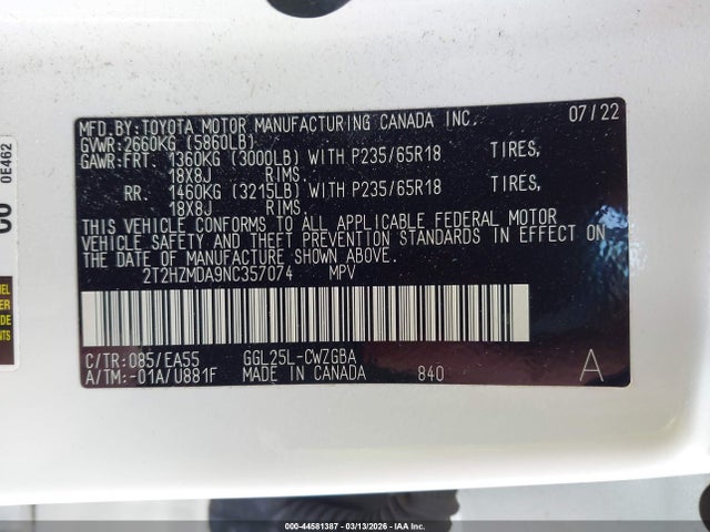 2022 Lexus Rx 350 მანქანა იყიდება აუქციონზე, vin: 2T2HZMDA9NC357074, აუქციონის ნომერი: 44581387