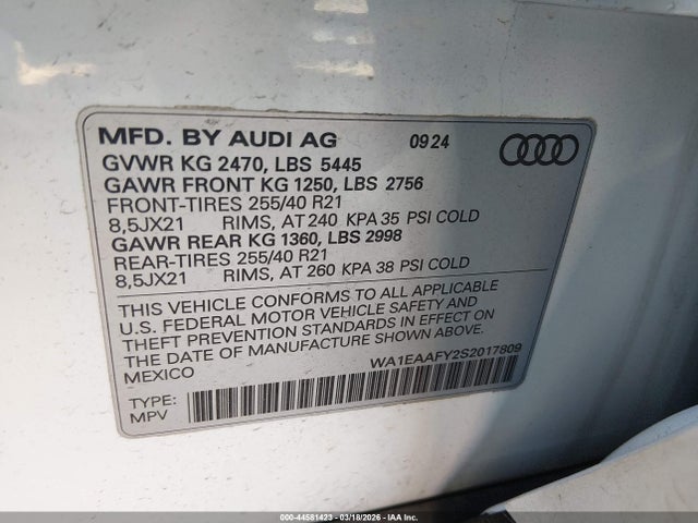 Продаж на аукціоні авто 2025 Audi Q5 Premium Plus 45 Tfsi S Line Quattro S Tronic, vin: WA1EAAFY2S2017809, номер лоту: 44581423