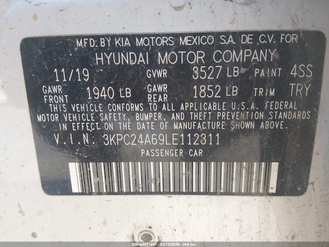 Aukcja sprzedaży 2020 Hyundai Accent Se, vin: 3KPC24A69LE112311, numer aukcji: 44581457