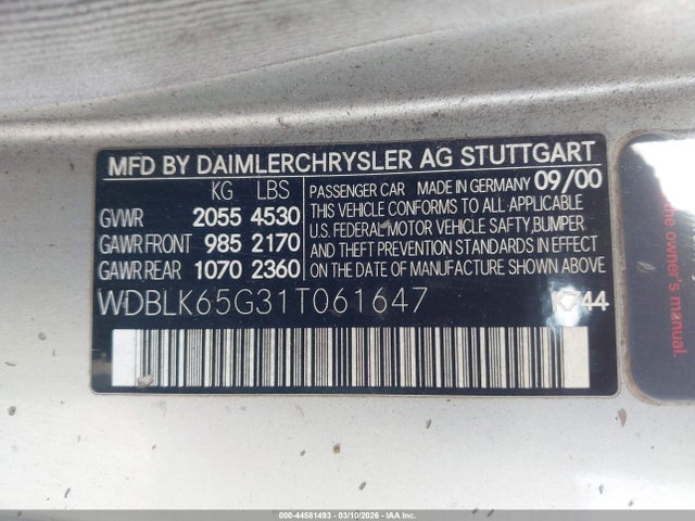 Продаж на аукціоні авто 2001 Mercedes-benz Clk 320, vin: WDBLK65G31T061647, номер лоту: 44581493