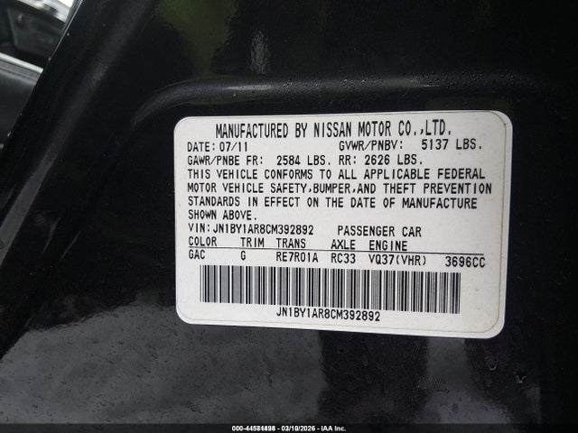Aukcja sprzedaży 2012 Infiniti M37x, vin: JN1BY1AR8CM392892, numer aukcji: 44581498