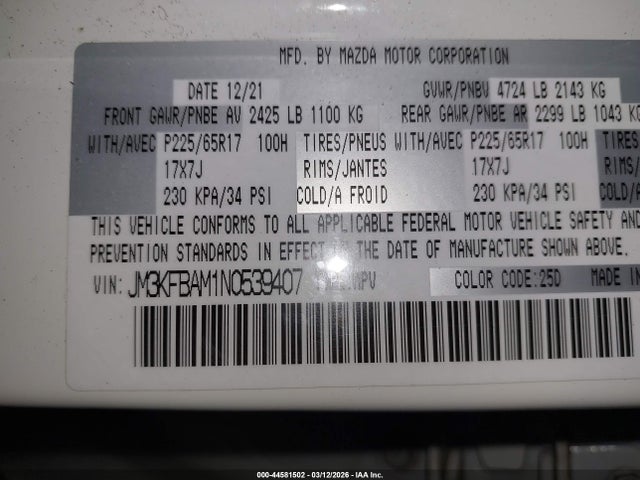 44581502 :رقم المزاد ، JM3KFBAM1N0539407 vin ، 2022 Mazda Cx-5 2.5 S مزاد بيع
