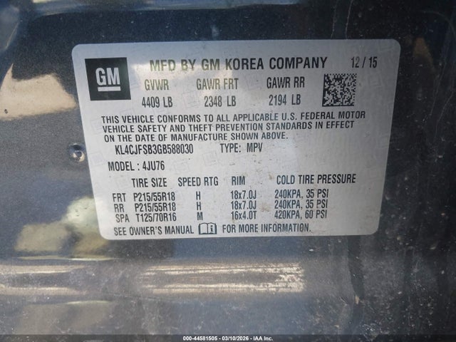 2016 Buick Encore Convenience მანქანა იყიდება აუქციონზე, vin: KL4CJFSB3GB588030, აუქციონის ნომერი: 44581505