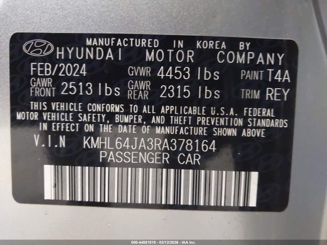 Aukcja sprzedaży 2024 Hyundai Sonata Sel, vin: KMHL64JA3RA378164, numer aukcji: 44581510