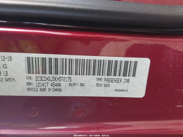 2019 Dodge Charger Scat Pack Rwd მანქანა იყიდება აუქციონზე, vin: 2C3CDXGJ5KH572175, აუქციონის ნომერი: 44581513