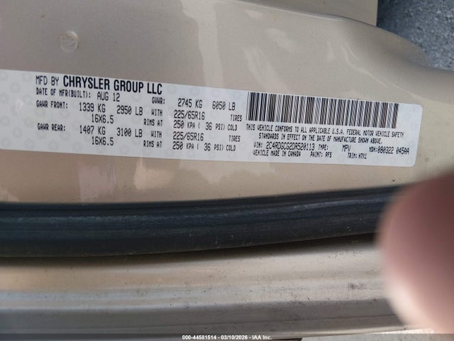 Aukcja sprzedaży 2013 Dodge Grand Caravan Sxt, vin: 2C4RDGCG2DR520113, numer aukcji: 44581514