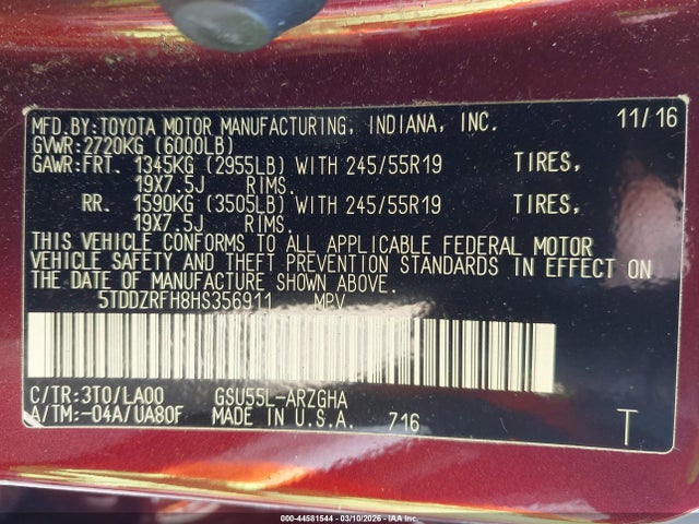 Toyota Highlander Limited 2017 5TDDZRFH8HS356911 Image 9