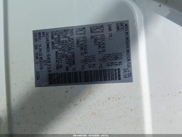 2014 Nissan Pathfinder Sl მანქანა იყიდება აუქციონზე, vin: 5N1AR2MM0EC688358, აუქციონის ნომერი: 44581585