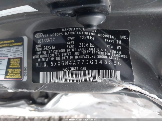 Auction sale of the 2013 Kia Optima Ex, vin: 5XXGN4A77DG143356, lot number: 44581604