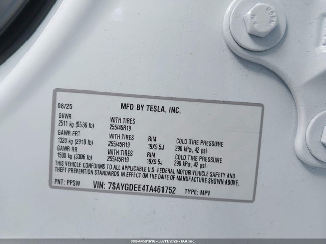 Продаж на аукціоні авто 2026 Tesla Model Y Long Range Launch Series/premium All-wheel Drive, vin: 7SAYGDEE4TA461752, номер лоту: 44581616
