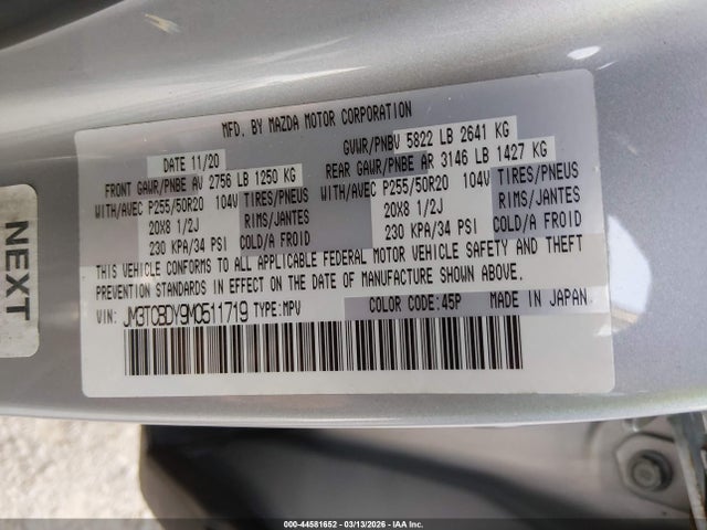 44581652 :رقم المزاد ، JM3TCBDY9M0511719 vin ، 2021 Mazda Cx-9 Grand Touring مزاد بيع