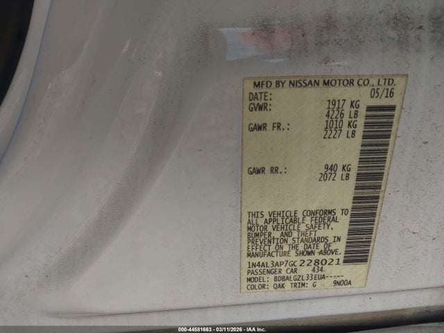 1N4AL3AP7GC228021 Nissan Altima 2.5/2.5 S/2.5 Sl/2.5 Sr/2.5 Sv