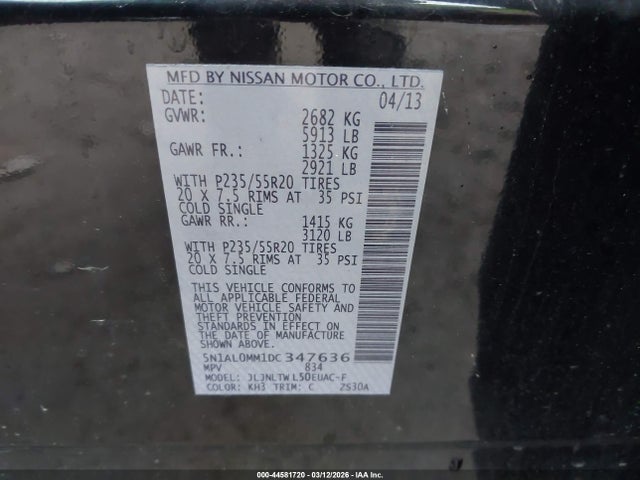 44581720 :رقم المزاد ، 5N1AL0MM1DC347636 vin ، 2013 Infiniti Jx35 مزاد بيع