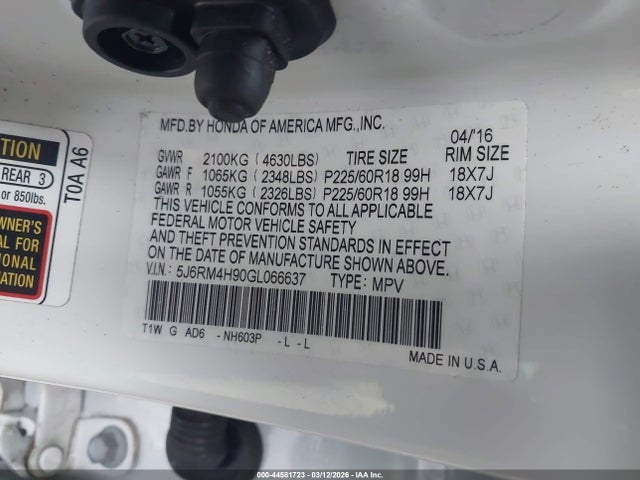 5J6RM4H90GL066637 Honda Cr-v Touring