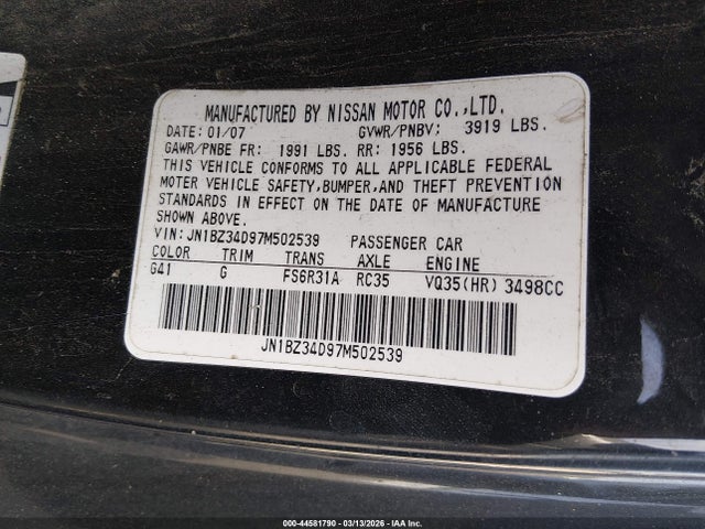 44581790 :رقم المزاد ، JN1BZ34D97M502539 vin ، 2007 Nissan 350z Enthusiast مزاد بيع