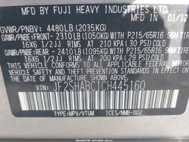 Aukcja sprzedaży 2012 Subaru Forester 2.5x, vin: JF2SHABC1CH445160, numer aukcji: 44581796