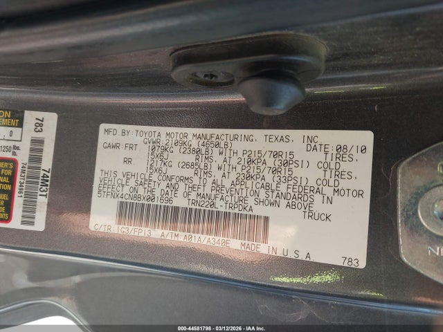 44581798 :رقم المزاد ، 5TFNX4CN8BX001696 vin ، 2011 Toyota Tacoma مزاد بيع