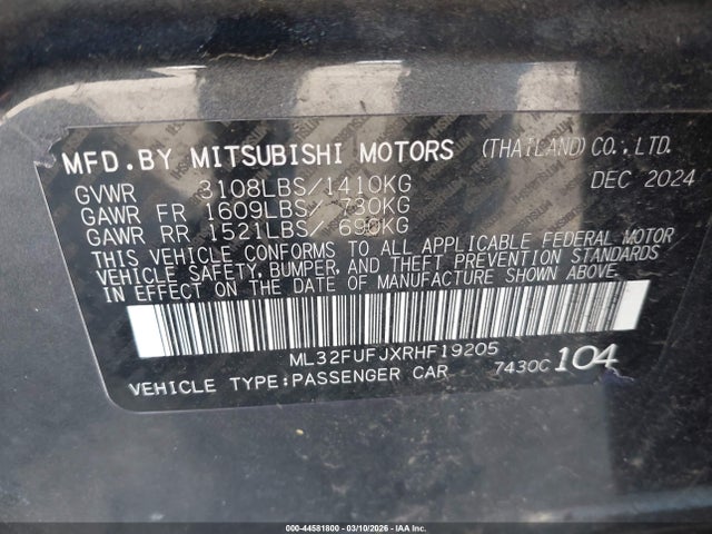 Aukcja sprzedaży 2024 Mitsubishi Mirage G4 Le, vin: ML32FUFJXRHF19205, numer aukcji: 44581800