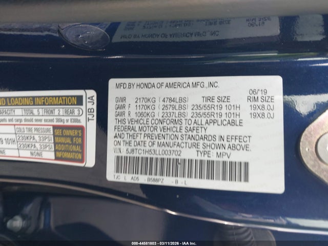 44581803 :رقم المزاد ، 5J8TC1H53LL003702 vin ، 2020 Acura Rdx Technology Package مزاد بيع
