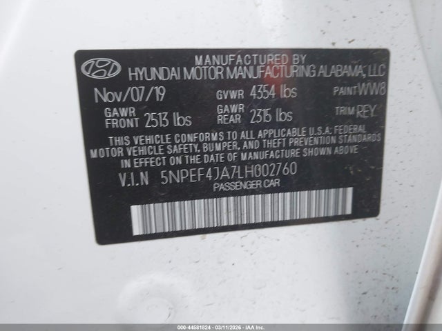 Aukcja sprzedaży 2020 Hyundai Sonata Sel, vin: 5NPEF4JA7LH002760, numer aukcji: 44581824