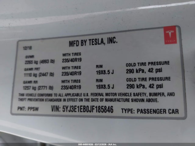 Aukcja sprzedaży 2018 Tesla Model 3 Long Range/performance, vin: 5YJ3E1EB0JF185846, numer aukcji: 44581826