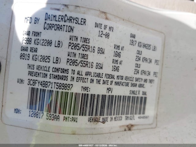 Aukcja sprzedaży 2001 Chrysler Pt Cruiser, vin: 3C8FY4BB71T589897, numer aukcji: 44581827