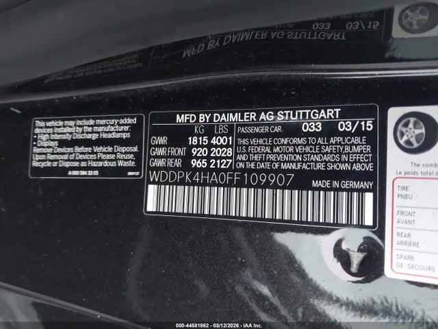 2015 Mercedes-benz Slk 250 მანქანა იყიდება აუქციონზე, vin: WDDPK4HA0FF109907, აუქციონის ნომერი: 44581862