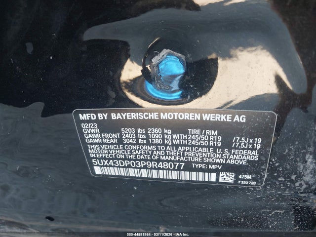 Aukcja sprzedaży 2023 Bmw X3 Sdrive30i, vin: 5UX43DP03P9R48077, numer aukcji: 44581864