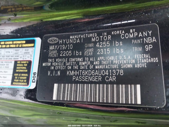 2010 Hyundai Genesis 2.0t Premium მანქანა იყიდება აუქციონზე, vin: KMHHT6KD6AU041378, აუქციონის ნომერი: 44581868