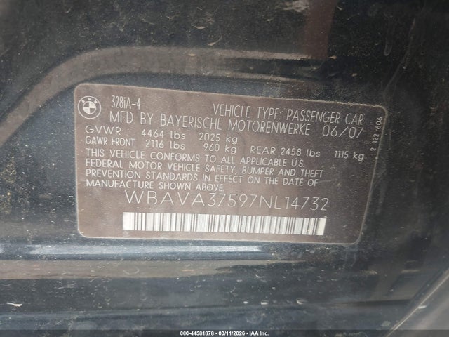 Продаж на аукціоні авто 2007 Bmw 328i, vin: WBAVA37597NL14732, номер лоту: 44581878