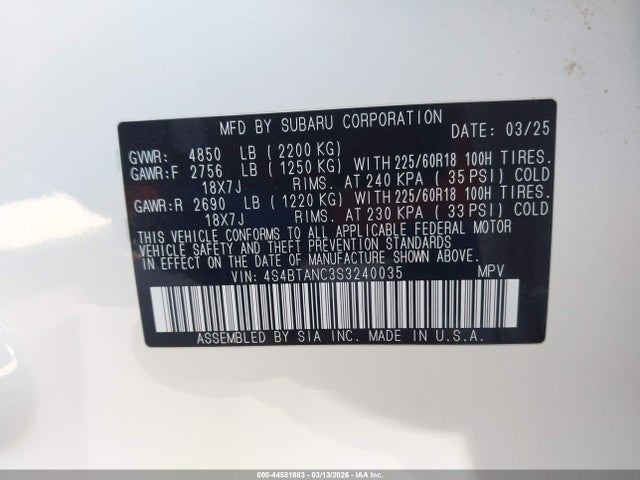 Продажа на аукционе авто 2025 Subaru Outback Limited, vin: 4S4BTANC3S3240035, номер лота: 44581883